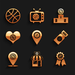 Poster - Set Location with basketball ball, Sports shop and, Basketball award, game ticket, Heart, winner podium and icon. Vector