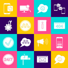 Poster - set speech bubble with smile face, mobile question and exclamation, page 404 error, sad, five stars 
