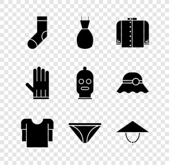 Wall Mural - Set Socks, Woman dress, T-shirt, Long sleeve, Men underpants, Asian conical hat, Leather glove and Balaclava icon. Vector