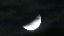 Dark Night Sky With Moving Clouds And Moon During A Partial Lunar Eclipse. Moonlight And Shadow Due To Being Partially Obscured By The Planet Earth Which Was In July 2019 - Time Lapse.