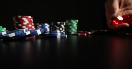 Poster - Red dice roll with casino chips closeup. Gambling symbol