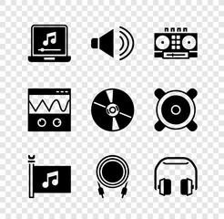 Canvas Print - Set Laptop with music note, Speaker volume, DJ remote and mixing, Music festival flag, Audio jack, Headphones, Oscilloscope and CD or DVD disk icon. Vector