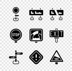 Sticker - Set Road traffic sign, Exclamation mark in triangle, Steep ascent and descent road, Stop and Drawbridge ahead icon. Vector