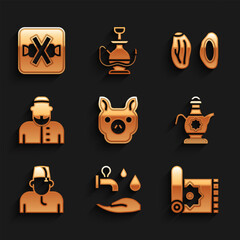 Sticker - Set Pig, Wudhu, Traditional carpet, Islamic teapot, Muslim man, Date fruit and No sweets icon. Vector