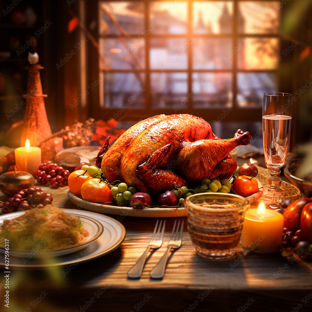 Cozy Thanksgiving dinner table with roasted whole turkey, candles ...