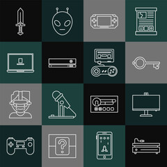 Poster - set line video game console, computer monitor, ancient key for, portable video, laptop, sword and ga