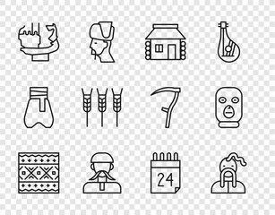 Wall Mural - Set line Ukrainian ethnic pattern, cossack, house, Monument to founders of Kiev, Wheat, Independence day Ukraine and Thief mask icon. Vector