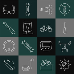 Sticker - Set line Bicycle sprocket crank, handlebar, Screwdriver, chain with gear, Cycling shorts, Sport cycling sunglasses and icon. Vector