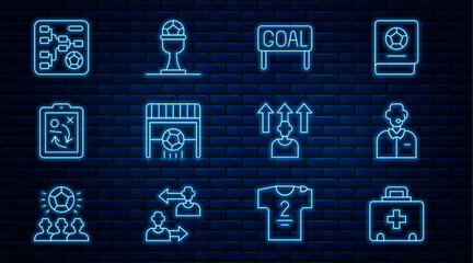 Wall Mural - Set line First aid kit, Football or soccer commentator, Goal football, goal with, Planning strategy concept, Championship tournament bracket, player and Award cup and icon. Vector