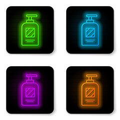 Sticker - Glowing neon line Bottle of shampoo icon isolated on white background. Black square button. Vector Illustration