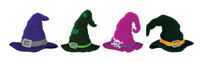 Wall Mural - Witch Pointed Hat with Buckle and Wide Brim Vector Set