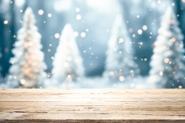 Wall Mural - Empty wooden table for present product on christmas tree and bokeh blur background.