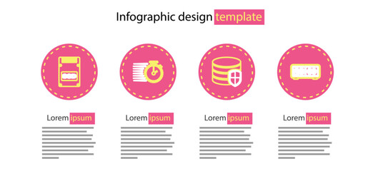 Poster - Set line Database protection, Retro flip clock, Stopwatch and SSD card icon. Vector