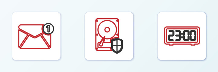 Poster - set line digital alarm clock, new, email incoming message and hard disk drive hdd protection icon. v