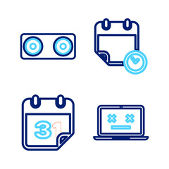 Poster - set line dead laptop, calendar, and clock and stereo speaker icon. vector