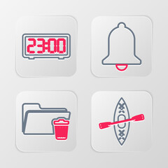 Poster - set line kayak and paddle, delete folder, ringing bell and digital alarm clock icon. vector