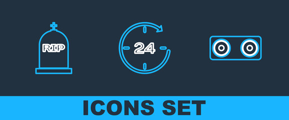 Poster - Set line Stereo speaker, Tombstone with RIP written and Clock 24 hours icon. Vector