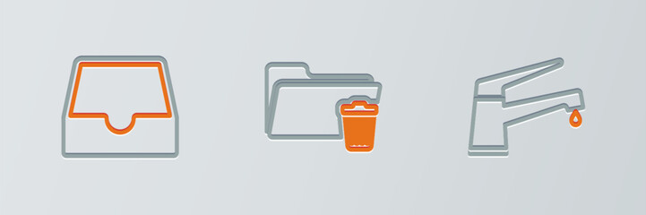 Poster - set line water tap, social media inbox and delete folder icon. vector