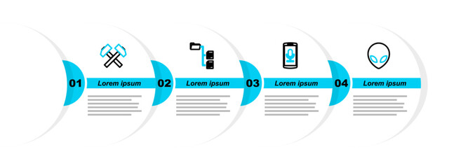 Poster - Set line Alien, Mobile recording, Folder tree and Two crossed hammers icon. Vector