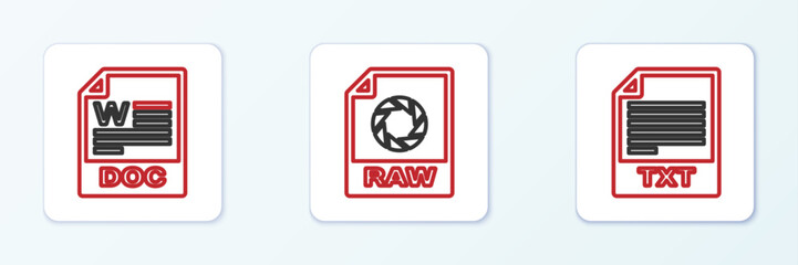 Poster - Set line TXT file document, DOC and RAW icon. Vector