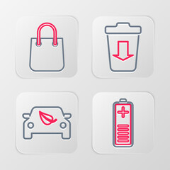 Sticker - Set line Battery charge level indicator, Eco car drive with leaf, Send the trash and Shopping bag icon. Vector