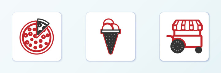 Canvas Print - Set line Fast street food cart, Pizza and Ice cream in waffle cone icon. Vector