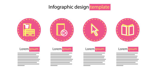 Poster - Set line Pixel arrow cursor, Open book, Audio and Mall supermarket building icon. Vector