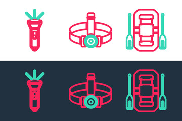 Sticker - Set line Rafting boat, Flashlight and Head flashlight icon. Vector