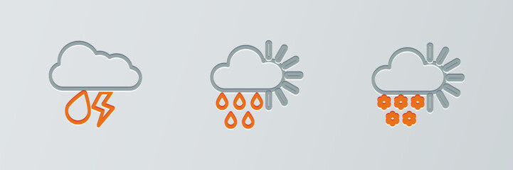 Canvas Print - Set line Cloudy with snow, rain and lightning and sun icon. Vector