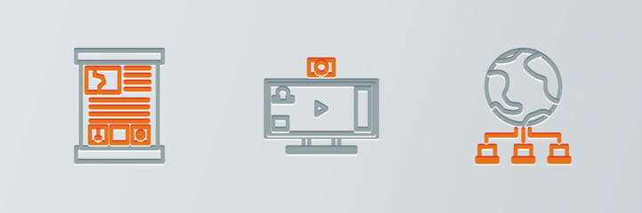 Poster - Set line Computer network, Game guide and Live streaming online icon. Vector