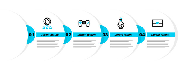Poster - set line chest for game, bottle with magic elixir, gamepad and computer network icon. vector