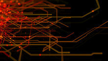 Futuristic Neon Lines Form A High-Tech Grid. Orange And Yellow Connectivity Concept.