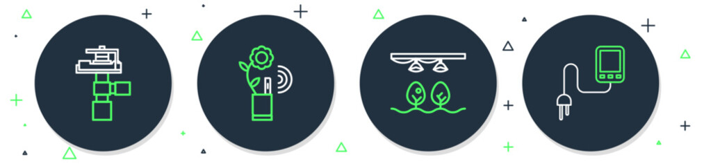 Poster - set line smart farming technology, with bulb and plant, automatic irrigation sprinklers and sensor i