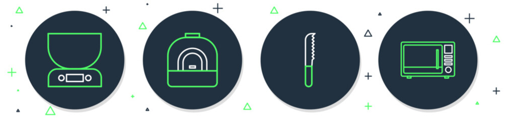 Wall Mural - Set line Oven, Bread knife, Electronic scales and Microwave oven icon. Vector