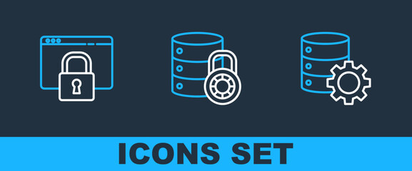 Poster - Set line Server and gear, Secure your site with HTTPS, SSL and security lock icon. Vector
