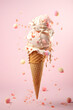 a clean detailed studio photo of a huge ice cream waffle cone with dripping sweet ice cream flying in the air on pink background. Food ingredient levitation. Generative AI technology