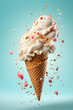 a clean detailed studio photo of a huge ice cream waffle cone with dripping sweet ice cream flying in the air on blue background. Food ingredient levitation. Generative AI technology