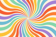 Groovy Abstract Rainbow Swirl Background. Retro Vector Design In 1960-1970s Style. Vintage Sunburst Backdrop. Colorful Summer Hippie Carnival Illustration