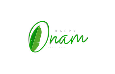 happy onam text with banana leaf isolated on white background