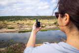 Fototapeta Do akwarium - Outdoor Girl with GPS Satellite Device in the Wilderness