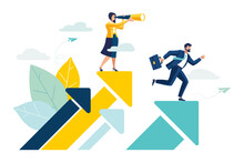Teamwork Vision Path Goal Success. Study Horizons Company Work Finding Ways Develop. People Stand Profit, Growth Arrows Look Binoculars, Big Telescope Spyglass In Search New Ideas Vector Illustration