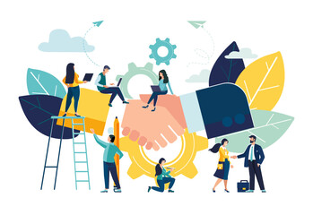 Wall Mural - Business concept Vector illustration, partnership concept, parties agreement, handshake, document signing. Successful contract, contract, small business people. Green, building business, Teamwork