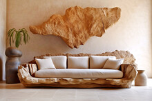 Beige Sofa On Tree Trunk Base Against Stucco Wall With Abstract Stone As Wall Decor. Rustic Home Interior Design Of Modern Living Room.