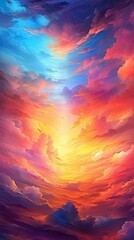 Wall Mural - An abstract sunset sky with fiery hues and wispy clouds, imbuing a sense of warmth and tranquility. Colorful illustration art. Generative AI