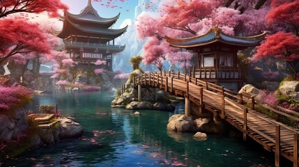 Wall Mural - A serene Japanese garden with a pond, cherry blossom trees, and a traditional wooden bridge. Colorful illustration art. Generative AI