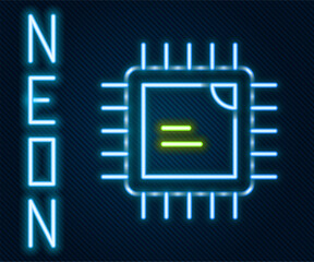 Aufkleber - Glowing neon line Computer processor with microcircuits CPU icon isolated on black background. Chip or cpu with circuit board. Micro processor. Colorful outline concept. Vector