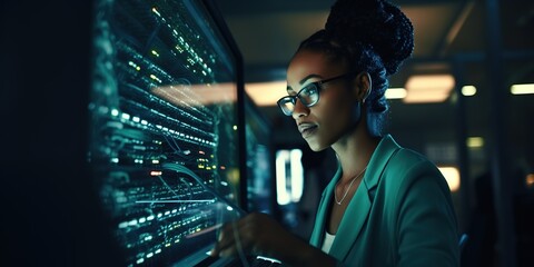 Poster - A female programmer is solving problems or troubleshooting a computer.
