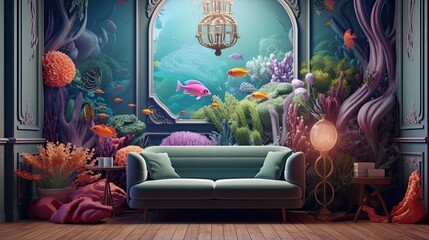 Wall Mural - An abstract underwater world with swirling currents and vibrant marine life, exuding a sense of exploration and wonder. Colorful illustration art. Generative AI