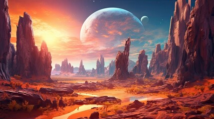 Wall Mural - An otherworldly alien planet with strange rock formations and a double sun. Colorful illustration art. Generative AI