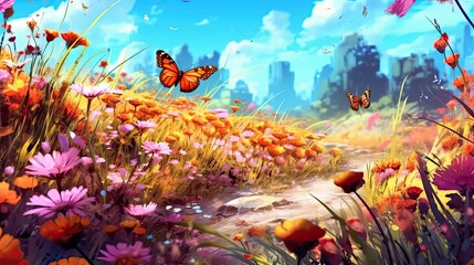 Wall Mural - A sunlit meadow with wildflowers in full bloom and butterflies fluttering around. Colorful illustration art. Generative AI
